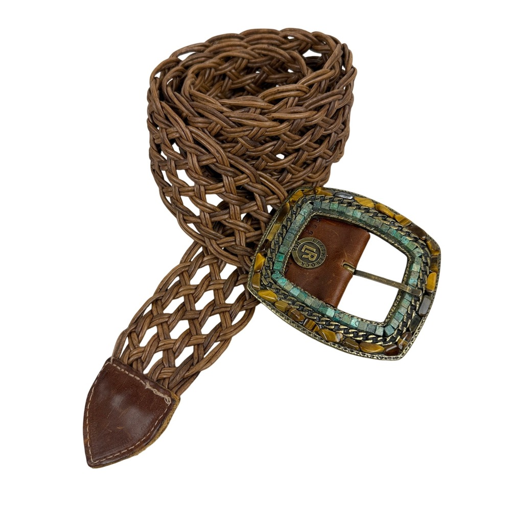 Leatherock Belt Womens Medium Brown Woven Braided Leather Faux Gem Stone Buckle